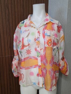 Sheer Multi-Color Printed Button-Front Blouse